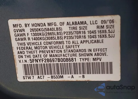 2007 Honda Pilot Ex-L z USA, uszkodzony, nr VIN 5FNYF28697B008681